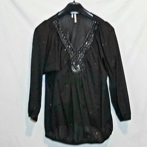 Studio Y Black Sheer V Neck with Decorative Design